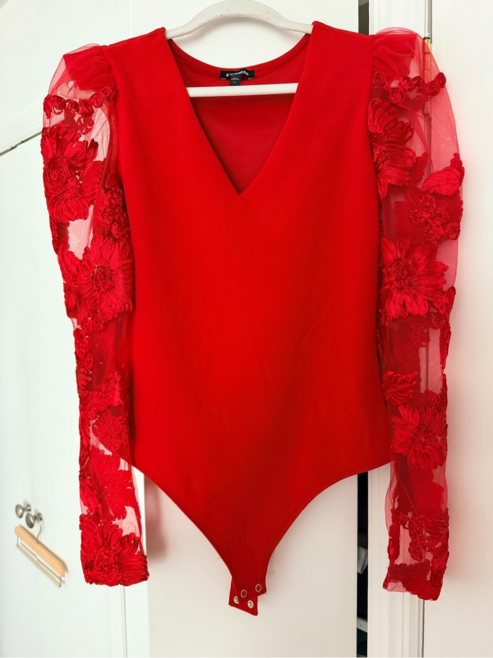 Express Red Bottom Suit with Mesh Floral Sleeves - V-Neck
